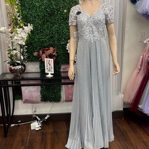 Silver Lace V-Neck Prom Dress